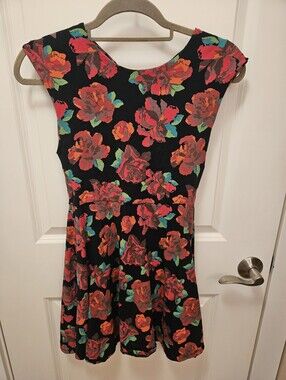 Talula Floral Fit & Flare Dress in Black with Red Rose Print